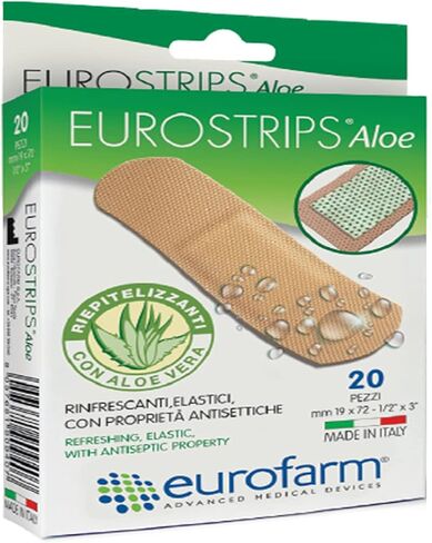 ضمادات لاصقة من Eurostrips مقاس 3/4 × 2 7/8 بوصة مع وسادة مركزية من الصبار، قابلة للتنفس ولا تسبب الحساسية، مثالية للبشرة الحساسة - 20 قطعة in Kuwait