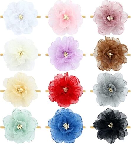 انزوني 12 قطعة من عصابات الرأس المصنوعة من النايلون بتصميم زهرة الاورجانزا واكسسوارات للشعر للبنات حديثي الولادة والرضع والاطفال الصغار in Kuwait