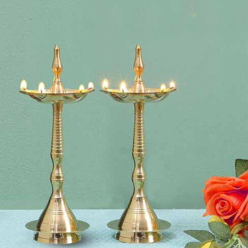 Brass Kerala Diya for Puja (14 inch, Set of 2) - Diya for Pooja - Kutthu Vilakku Samai Diya for Puja Diwali Decorations - Indian Diwali Gifts Hashcart® in Kuwait