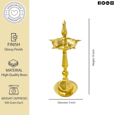 Brass Kerala Diya for Puja (14 inch, Set of 2) - Diya for Pooja - Kutthu Vilakku Samai Diya for Puja Diwali Decorations - Indian Diwali Gifts Hashcart® in Kuwait