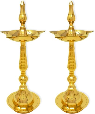 Brass Kerala Diya for Puja (14 inch, Set of 2) - Diya for Pooja - Kutthu Vilakku Samai Diya for Puja Diwali Decorations - Indian Diwali Gifts Hashcart® in Kuwait