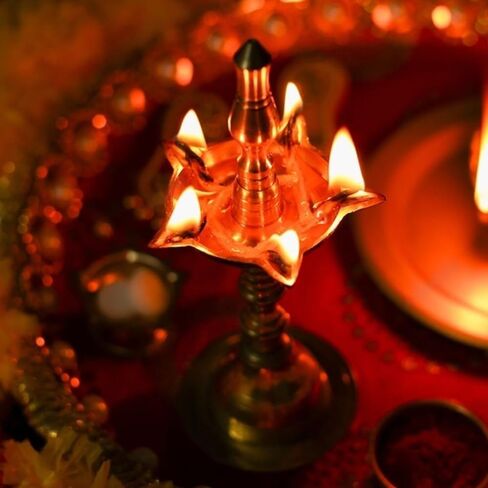 Brass Kerala Diya for Puja (14 inch, Set of 2) - Diya for Pooja - Kutthu Vilakku Samai Diya for Puja Diwali Decorations - Indian Diwali Gifts Hashcart® in Kuwait