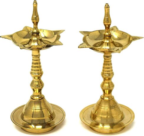 Brass Kerala Diya for Puja (14 inch, Set of 2) - Diya for Pooja - Kutthu Vilakku Samai Diya for Puja Diwali Decorations - Indian Diwali Gifts Hashcart® in Saudi Arabia