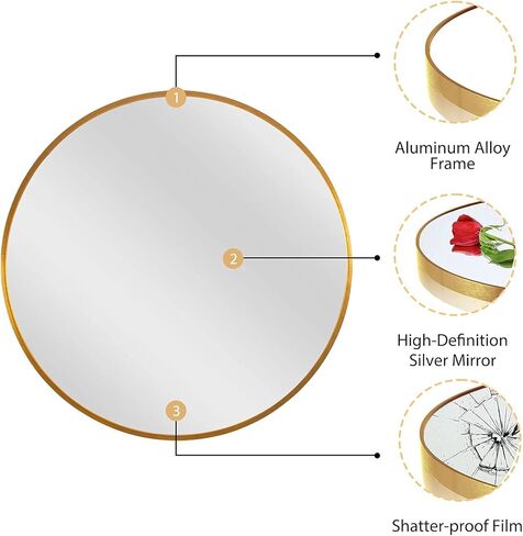 MIRUO Round Mirror 20 inch Circle Mirrors for Wall Mounted Decorative for Bathroom, Bedroom, Entryway Décor, Aluminum Alloy Thin Frame (20'', Gold) (JJ00760ZZE-USAM003-1) in Kuwait