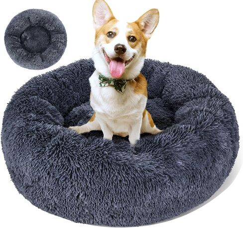HEVOL Calming Dog Bed for Small and Large Dogs, 30''*30'' Anti-Anxiety Donut Washable Large Pet Bed, Super Soft Fluffy Luxury Anti-Slip Cushion Cat Bed, Fits up to 45 lbs Pets, Black in Kuwait