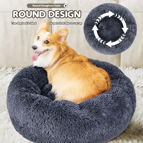 HEVOL Calming Dog Bed for Small and Large Dogs, 30''*30'' Anti-Anxiety Donut Washable Large Pet Bed, Super Soft Fluffy Luxury Anti-Slip Cushion Cat Bed, Fits up to 45 lbs Pets, Black in Kuwait