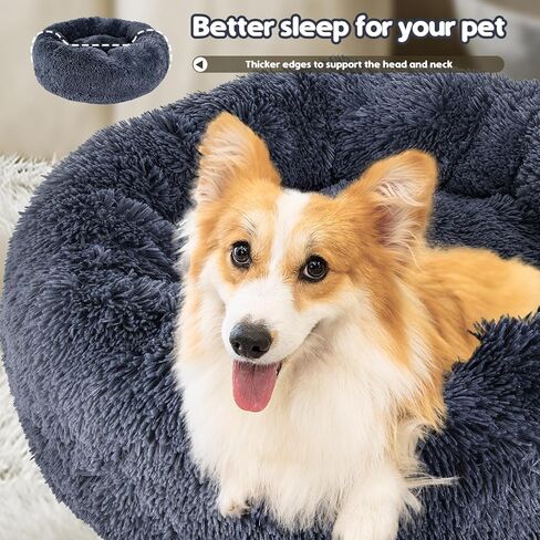 HEVOL Calming Dog Bed for Small and Large Dogs, 30''*30'' Anti-Anxiety Donut Washable Large Pet Bed, Super Soft Fluffy Luxury Anti-Slip Cushion Cat Bed, Fits up to 45 lbs Pets, Black in Kuwait