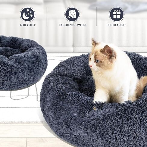 HEVOL Calming Dog Bed for Small and Large Dogs, 30''*30'' Anti-Anxiety Donut Washable Large Pet Bed, Super Soft Fluffy Luxury Anti-Slip Cushion Cat Bed, Fits up to 45 lbs Pets, Black in Kuwait