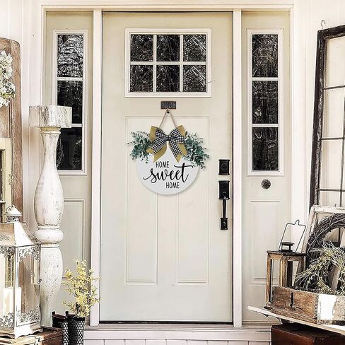 لافتة باب أمامية من MayAvenue Home Sweet Home لافتة خشبية دائرية مع شريط فيونكة وأوراق خضراء اصطناعية، ديكورات الشرفة للمنزل عيد الشكر، أبيض in Kuwait