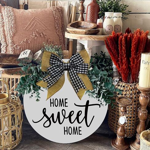 لافتة باب أمامية من MayAvenue Home Sweet Home لافتة خشبية دائرية مع شريط فيونكة وأوراق خضراء اصطناعية، ديكورات الشرفة للمنزل عيد الشكر، أبيض in Kuwait