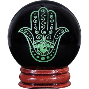 Rockcloud Healing Crystal Green Eye of Horus Black Obsidian Stone Sphere Meditation Ball with Wooden Base for Home Decoration in Kuwait
