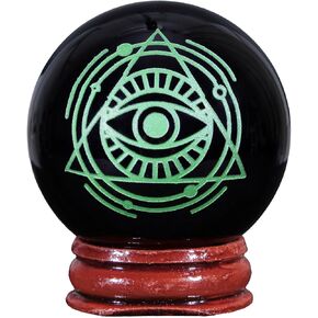 كرة التأمل من Rockcloud Healing Crystal Green Runes Black Obsidian Stone Sphere مع قاعدة خشبية لتزيين المنزل in Kuwait