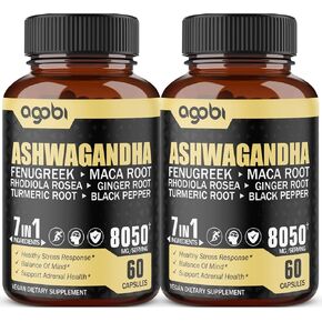 عبوتان تحتويان على 60 كبسولة - مكمل مستخلص أشواغاندا 8050 ملغ - 7 في 1 مع الحلبة والماكا والكركم والروديولا والزنجبيل والفلفل الأسود - دعم النوم والروح والمناعة والطاقة - كمية تكفي 4 أشهر in Kuwait