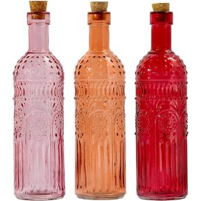 Vintage Vase Decorative Glass Vases, Embossed Colored Glass Bottles,Large Wine Bottle Size,Set of 3 with Cork Lid-Flower Bud Vases, Garden Decor, Suncatchers,Bottle Trees(Warm)
