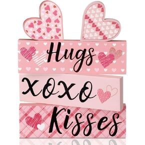 5 Pieces Valentines Day Desk Decorations Hugs Kisses Valentines Sign Wooden Decor Gift Mini Valentines Love Heart Wood Block Signs Valentine's Day Wedding Tiered Tray Table Decorations (Pink) in Saudi Arabia