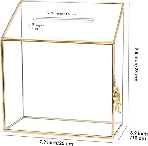 صندوق بطاقات زفاف زجاجي عالي الجودة مع فتحة وقفل، تررم هندسي ذهبي نحاسي مصنوع يدويًا، صندوق عرض شفاف لاستقبال الزفاف، ديكور، تذكار (7.9 × 3.9 × 9.8 بوصة) in Kuwait