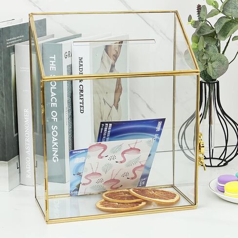 صندوق بطاقات زفاف زجاجي عالي الجودة مع فتحة وقفل، تررم هندسي ذهبي نحاسي مصنوع يدويًا، صندوق عرض شفاف لاستقبال الزفاف، ديكور، تذكار (7.9 × 3.9 × 9.8 بوصة) in Kuwait