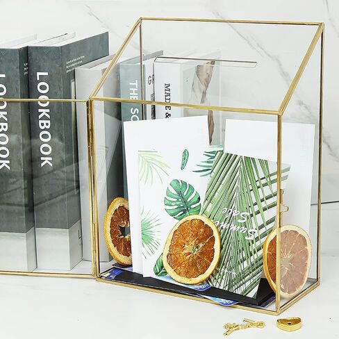 صندوق بطاقات زفاف زجاجي عالي الجودة مع فتحة وقفل، تررم هندسي ذهبي نحاسي مصنوع يدويًا، صندوق عرض شفاف لاستقبال الزفاف، ديكور، تذكار (7.9 × 3.9 × 9.8 بوصة) in Kuwait