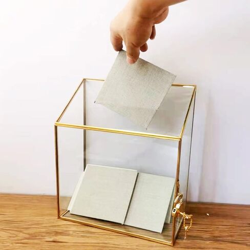 صندوق بطاقات زفاف زجاجي عالي الجودة مع فتحة وقفل، تررم هندسي ذهبي نحاسي مصنوع يدويًا، صندوق عرض شفاف لاستقبال الزفاف، ديكور، تذكار (7.9 × 3.9 × 9.8 بوصة) in Kuwait
