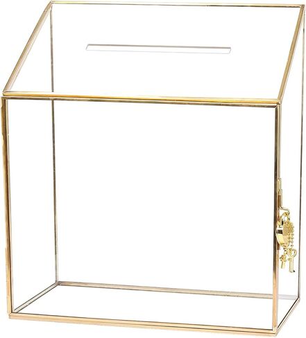 صندوق بطاقات زفاف زجاجي عالي الجودة مع فتحة وقفل، تررم هندسي ذهبي نحاسي مصنوع يدويًا، صندوق عرض شفاف لاستقبال الزفاف، ديكور، تذكار (7.9 × 3.9 × 9.8 بوصة) in Kuwait