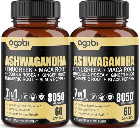 عبوتان تحتويان على 60 كبسولة - مكمل مستخلص أشواغاندا 8050 ملغ - 7 في 1 مع الحلبة والماكا والكركم والروديولا والزنجبيل والفلفل الأسود - دعم النوم والروح والمناعة والطاقة - كمية تكفي 4 أشهر in Kuwait