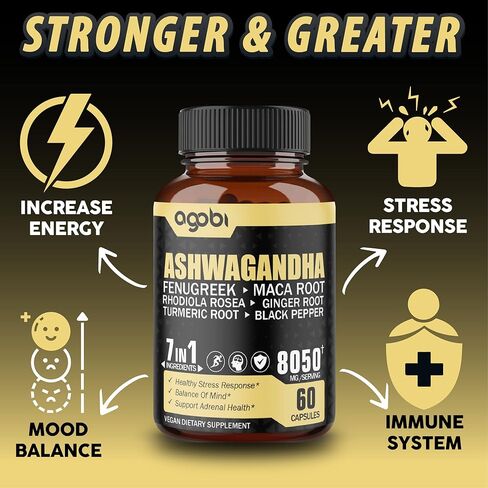 عبوتان تحتويان على 60 كبسولة - مكمل مستخلص أشواغاندا 8050 ملغ - 7 في 1 مع الحلبة والماكا والكركم والروديولا والزنجبيل والفلفل الأسود - دعم النوم والروح والمناعة والطاقة - كمية تكفي 4 أشهر in Kuwait