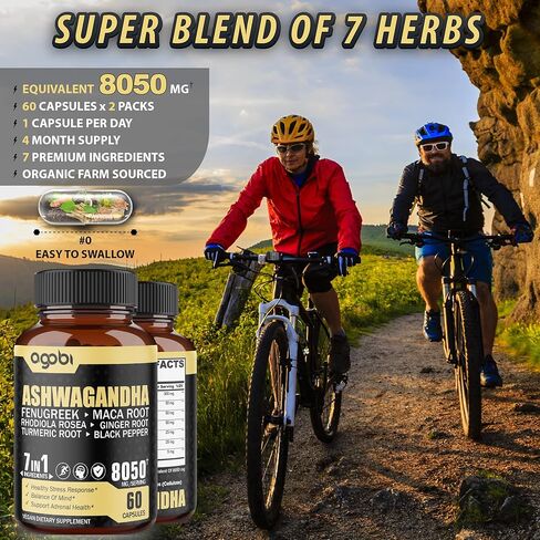 عبوتان تحتويان على 60 كبسولة - مكمل مستخلص أشواغاندا 8050 ملغ - 7 في 1 مع الحلبة والماكا والكركم والروديولا والزنجبيل والفلفل الأسود - دعم النوم والروح والمناعة والطاقة - كمية تكفي 4 أشهر in Kuwait