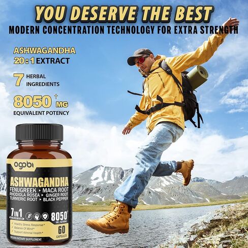 عبوتان تحتويان على 60 كبسولة - مكمل مستخلص أشواغاندا 8050 ملغ - 7 في 1 مع الحلبة والماكا والكركم والروديولا والزنجبيل والفلفل الأسود - دعم النوم والروح والمناعة والطاقة - كمية تكفي 4 أشهر in Kuwait