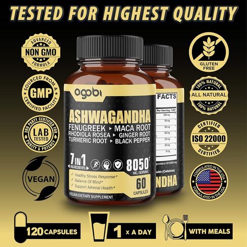 عبوتان تحتويان على 60 كبسولة - مكمل مستخلص أشواغاندا 8050 ملغ - 7 في 1 مع الحلبة والماكا والكركم والروديولا والزنجبيل والفلفل الأسود - دعم النوم والروح والمناعة والطاقة - كمية تكفي 4 أشهر in Kuwait