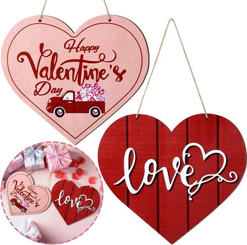 2 Pieces Valentine's Day Heart Wood Decor Happy Valentine's Day Hanging Sign Love Wooden Door Signs Heart Shaped Wall Plaque Decor for Valentine Wedding Home Dining Room Bedroom, 9.8 x 8.7 Inches in Saudi Arabia