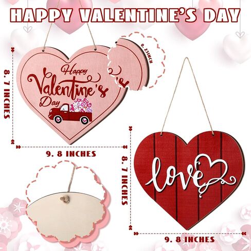 2 Pieces Valentine's Day Heart Wood Decor Happy Valentine's Day Hanging Sign Love Wooden Door Signs Heart Shaped Wall Plaque Decor for Valentine Wedding Home Dining Room Bedroom, 9.8 x 8.7 Inches in Saudi Arabia