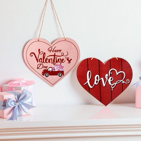 2 Pieces Valentine's Day Heart Wood Decor Happy Valentine's Day Hanging Sign Love Wooden Door Signs Heart Shaped Wall Plaque Decor for Valentine Wedding Home Dining Room Bedroom, 9.8 x 8.7 Inches in Saudi Arabia