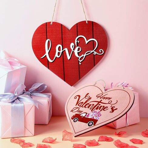 2 Pieces Valentine's Day Heart Wood Decor Happy Valentine's Day Hanging Sign Love Wooden Door Signs Heart Shaped Wall Plaque Decor for Valentine Wedding Home Dining Room Bedroom, 9.8 x 8.7 Inches in Saudi Arabia