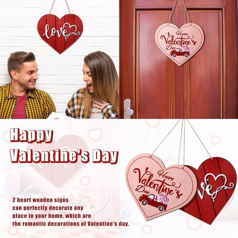 2 Pieces Valentine's Day Heart Wood Decor Happy Valentine's Day Hanging Sign Love Wooden Door Signs Heart Shaped Wall Plaque Decor for Valentine Wedding Home Dining Room Bedroom, 9.8 x 8.7 Inches in Saudi Arabia