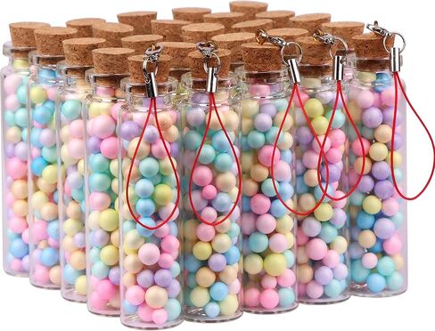 MaxMau Pack of 25,Small Glass Bottles with Cork Filled with Colorful Foam Ball, 20ml Glass Vials Tiny Jars with Twine and Strap for Wedding Party Decoration in Kuwait