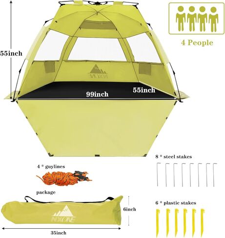 خيمة الشاطئ المنبثقة NXONE XL، مأوى فاخر لأشعة الشمس لـ 4 أشخاص، حماية من الأشعة فوق البنفسجية 50+، ظل شاطئ مقاوم للرياح، أرضية قابلة للتمديد مع 3 نوافذ تهوية بالإضافة إلى حقيبة حمل وأوتاد وخطوط رجالية in Kuwait