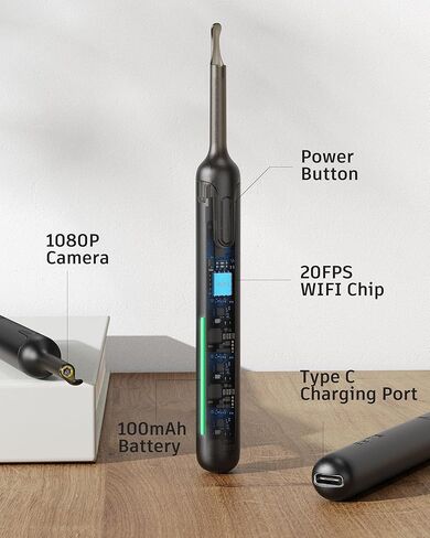 أداة إزالة شمع الأذن، منظف الأذن مع صندوق تخزين محمول، كاميرا أذن 300 وات بكسل 1080 بيكسل، مجموعة إزالة شمع الأذن مع 6 مصابيح LED، مغرفة أذن غير قابلة للفصل لاختيار آمن للأذن in Kuwait