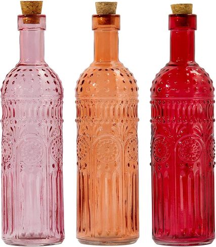 Vintage Vase Decorative Glass Vases, Embossed Colored Glass Bottles,Large Wine Bottle Size,Set of 3 with Cork Lid-Flower Bud Vases, Garden Decor, Suncatchers,Bottle Trees(Warm) in Saudi Arabia
