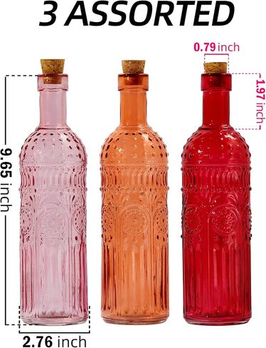 Vintage Vase Decorative Glass Vases, Embossed Colored Glass Bottles,Large Wine Bottle Size,Set of 3 with Cork Lid-Flower Bud Vases, Garden Decor, Suncatchers,Bottle Trees(Warm) in Saudi Arabia