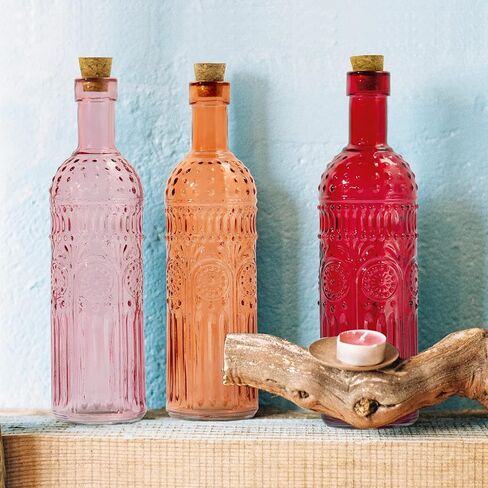 Vintage Vase Decorative Glass Vases, Embossed Colored Glass Bottles,Large Wine Bottle Size,Set of 3 with Cork Lid-Flower Bud Vases, Garden Decor, Suncatchers,Bottle Trees(Warm) in Saudi Arabia