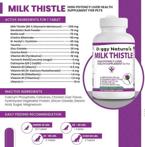 شوك الحليب للكلاب ذات مكمل غذائي عالي الفعالية لصحة الكبد للحيوانات الأليفة (120 قرصًا) in Kuwait