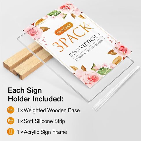 MaxGear Acrylic Sign Holder 8.5 x 11, Clear Table Display Stand with Wooden Base, LShape/T Shape Menu Flyer Holder Stand Heavy Duty Detachable Base Sign Frame for Stores, Restaurants, Hotels 3 Pack in Kuwait
