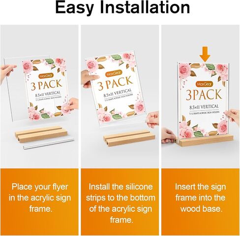 MaxGear Acrylic Sign Holder 8.5 x 11, Clear Table Display Stand with Wooden Base, LShape/T Shape Menu Flyer Holder Stand Heavy Duty Detachable Base Sign Frame for Stores, Restaurants, Hotels 3 Pack in Kuwait
