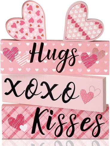 5 Pieces Valentines Day Desk Decorations Hugs Kisses Valentines Sign Wooden Decor Gift Mini Valentines Love Heart Wood Block Signs Valentine's Day Wedding Tiered Tray Table Decorations (Pink) in Saudi Arabia