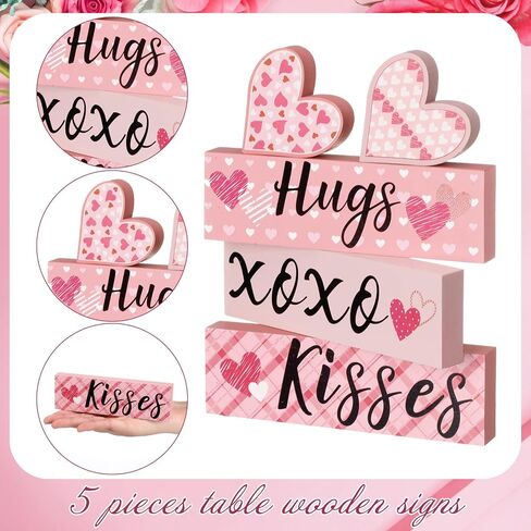 5 Pieces Valentines Day Desk Decorations Hugs Kisses Valentines Sign Wooden Decor Gift Mini Valentines Love Heart Wood Block Signs Valentine's Day Wedding Tiered Tray Table Decorations (Pink) in Saudi Arabia