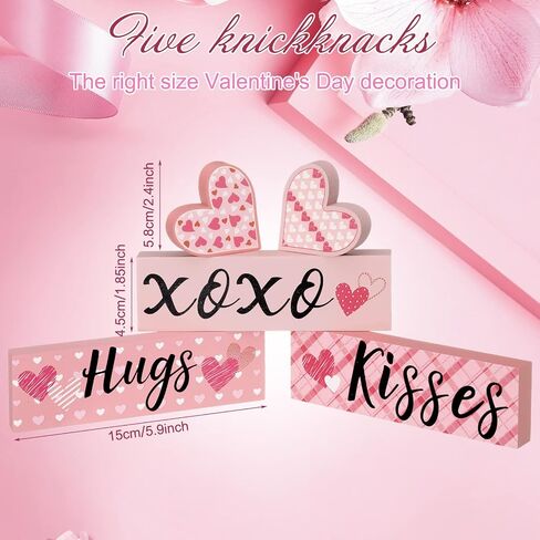 5 Pieces Valentines Day Desk Decorations Hugs Kisses Valentines Sign Wooden Decor Gift Mini Valentines Love Heart Wood Block Signs Valentine's Day Wedding Tiered Tray Table Decorations (Pink) in Saudi Arabia
