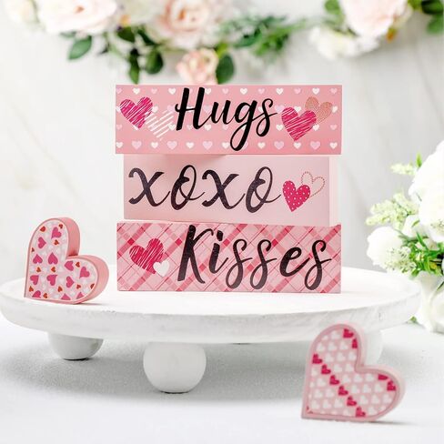 5 Pieces Valentines Day Desk Decorations Hugs Kisses Valentines Sign Wooden Decor Gift Mini Valentines Love Heart Wood Block Signs Valentine's Day Wedding Tiered Tray Table Decorations (Pink) in Saudi Arabia