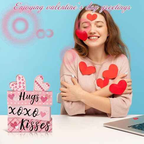 5 Pieces Valentines Day Desk Decorations Hugs Kisses Valentines Sign Wooden Decor Gift Mini Valentines Love Heart Wood Block Signs Valentine's Day Wedding Tiered Tray Table Decorations (Pink) in Saudi Arabia