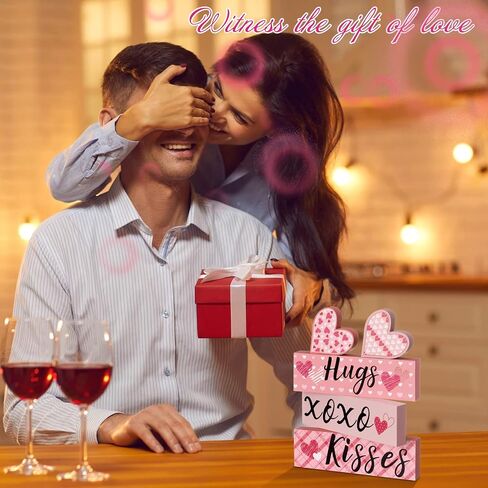 5 Pieces Valentines Day Desk Decorations Hugs Kisses Valentines Sign Wooden Decor Gift Mini Valentines Love Heart Wood Block Signs Valentine's Day Wedding Tiered Tray Table Decorations (Pink) in Saudi Arabia