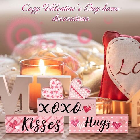 5 Pieces Valentines Day Desk Decorations Hugs Kisses Valentines Sign Wooden Decor Gift Mini Valentines Love Heart Wood Block Signs Valentine's Day Wedding Tiered Tray Table Decorations (Pink) in Saudi Arabia